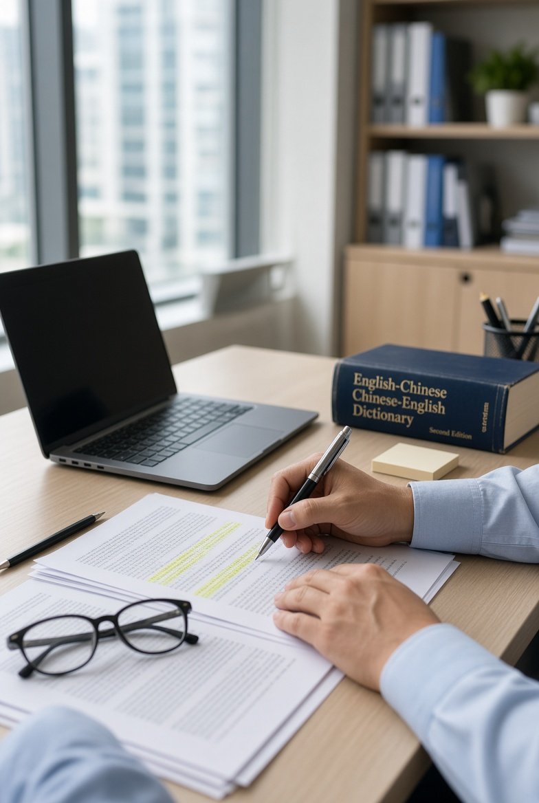Translator reviewing documents at a desk in Singapore